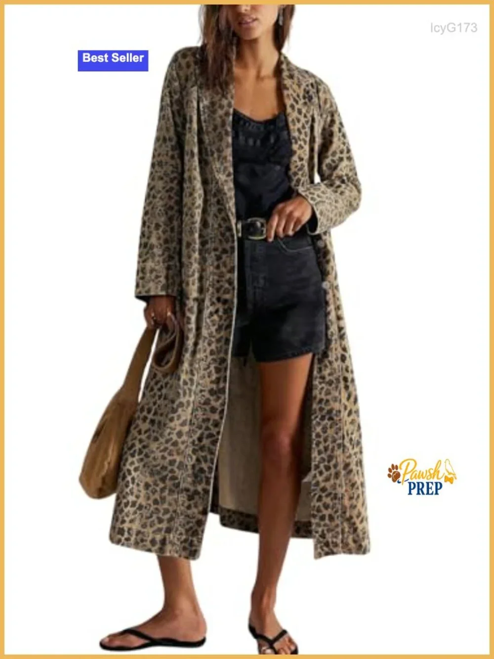 Leopard Print Denim Trench Coat Distressed Midi Jean Jacket Overcoat
